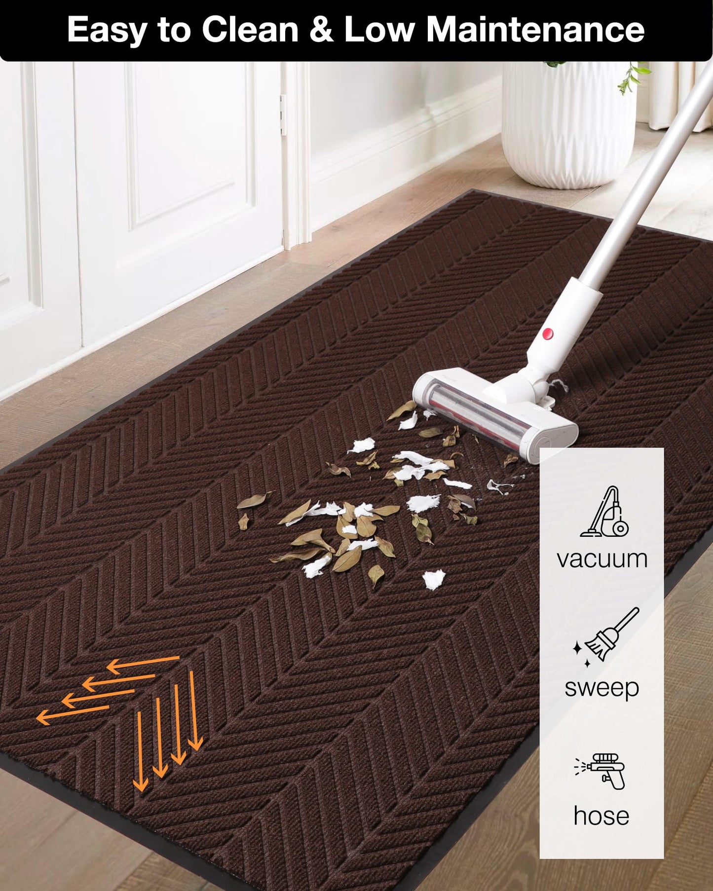 5′ x 7′ Heavy Duty Front Door Mat Indoor Outdoor Entrance, Easy Clean Non-Slip All Weather Commercial Floor Mat for Entryway, No Curling Waterproof Vinyl Welcome Mat (Dark Brown)