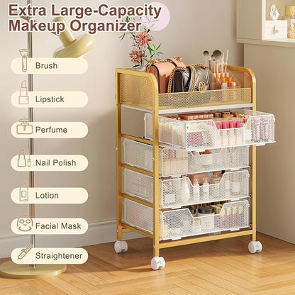 Hongtamoya Makeup Cart Organizer with 4 Drawers, Large Floor Skincare Organizers, Vanity Storage Organizer Cosmetics Display Cases for Skin Care Perfume Nail Polish, Gold