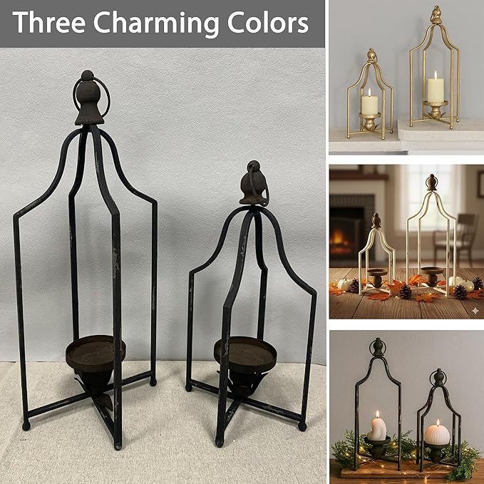 12.5" & 16.5" Timeless Cozy Decorative Lanterns Set of 2, Handcrafted Metal Iron Candle Holders, Farmhouse Elegance Fireplace Mantel Table Festive Gatherings Decor