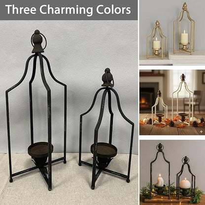 12.5" & 16.5" Timeless Cozy Decorative Lanterns Set of 2, Handcrafted Metal Iron Candle Holders, Farmhouse Elegance Fireplace Mantel Table Festive Gatherings Decor