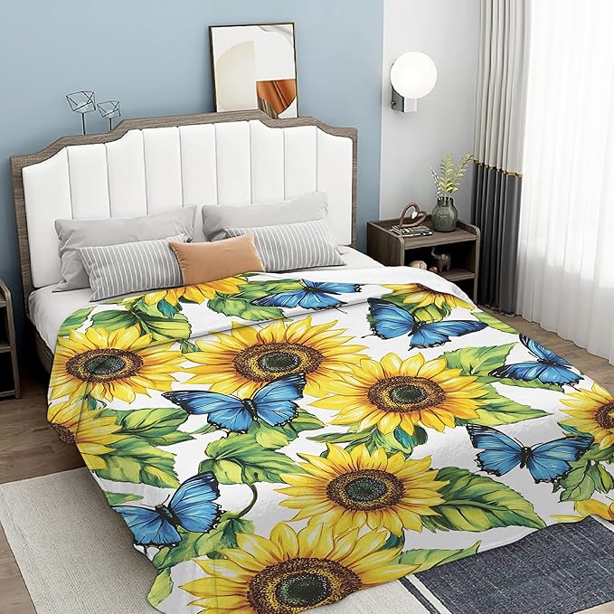 Sunflower Garden Blanket Gfits for Women Men Kids Butterflies Throw Blankets Soft Lightweight for Home Decor Couch Bed Sofa 50x60 Inches
