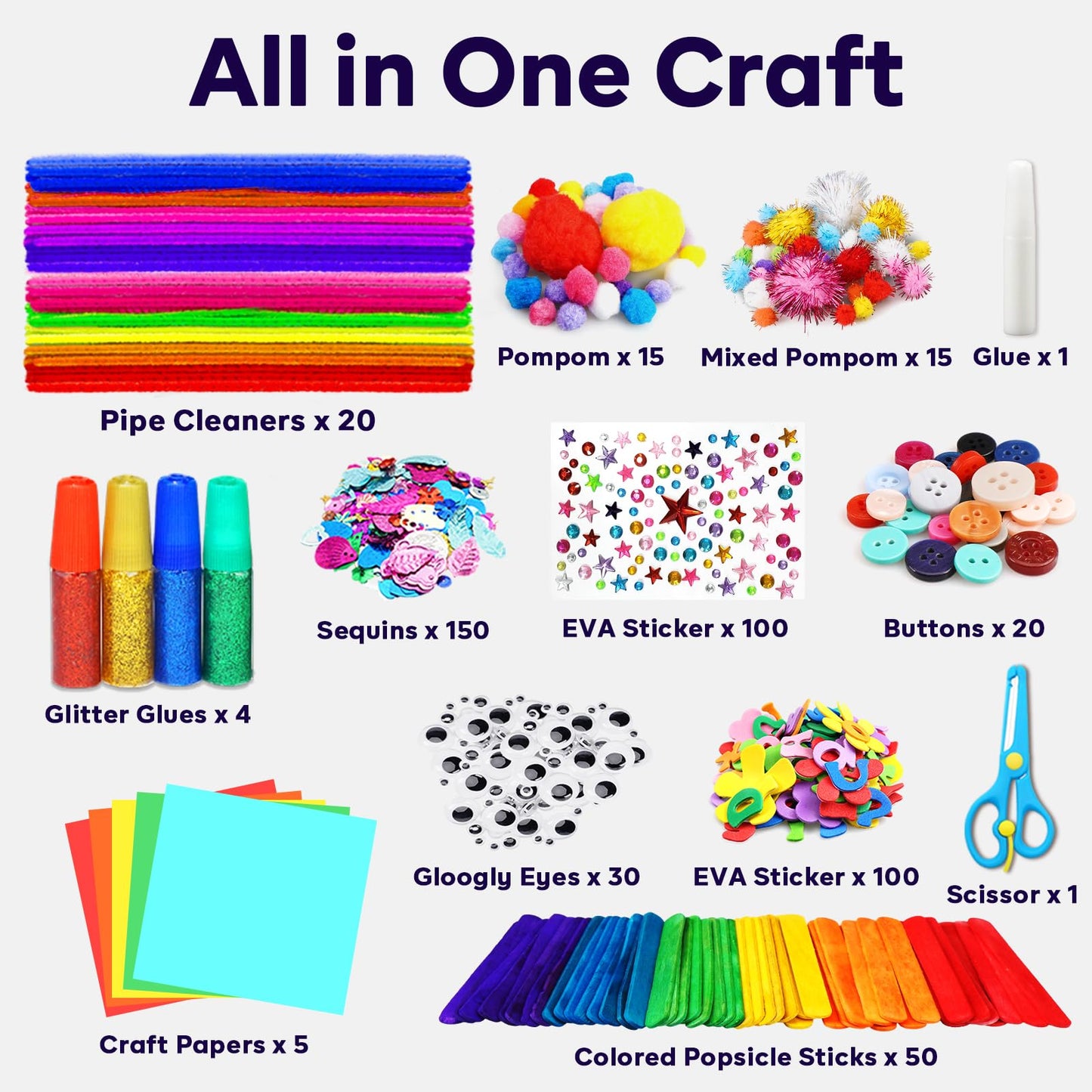 FUNZBO Arts and Crafts Supplies for Kids - Toddlers Craft Kit with Glitter Glue Stick,Pipe Cleaners Pom Poms Craft Tools, DIY School Supplies Kit, Girls Toys, Birathday Gifts for Girls Boys Age 4+