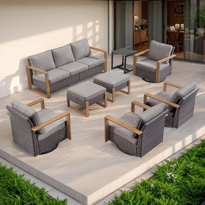 Rilyson Outdoor Wicker Patio Furniture Set - 8 Piece Patio Conversation Set with 4 Wicker Swivel Rocker Chairs,2 Rattan Ottoman 1 Side Table and 1 Couch,Thick Cushions,Deep Seating(Brown/Grey)