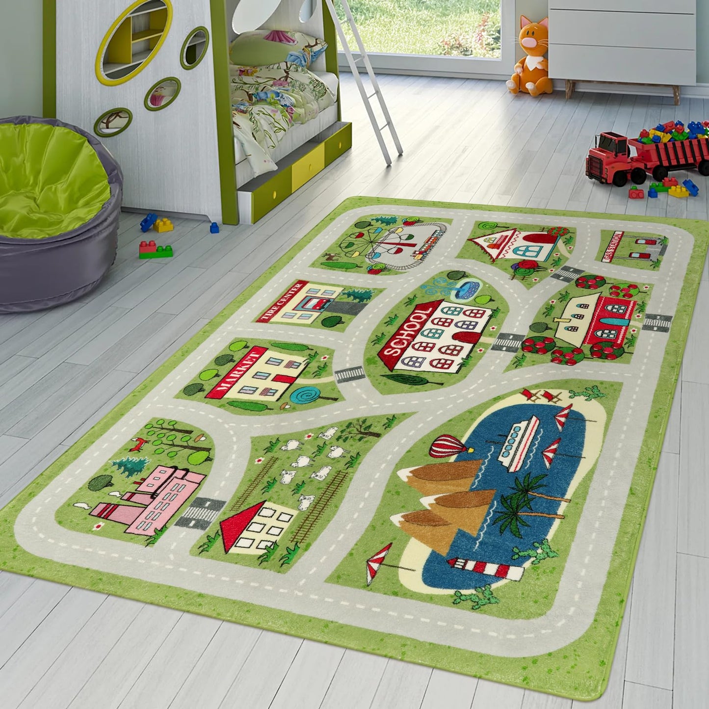 LIVEBOX Green Kids Playroom Rug, 5'x7' Washable Road Rug for Kids Room, Non-Slip Soft Car Rugs Play Mat for Baby Nursery, Large City Traffic Rugs Classroom for Boys Girls Dorm Toy Room Tent