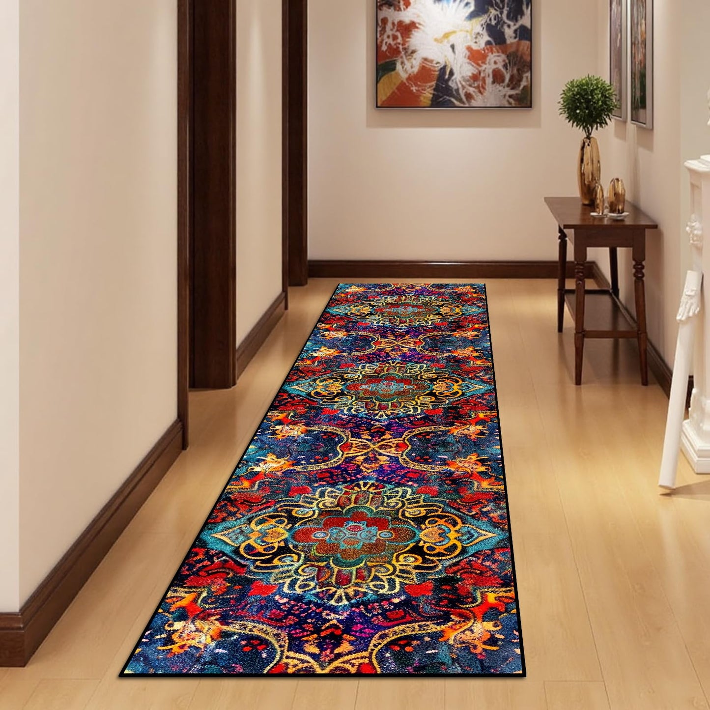 Washable Corridor Runner Rug, Non-Slip Dark Red Hallway Rug Runner with Upgrade Rubber Backing, Stain Resistant Faux Wool Distressed Carpet for Bedroom Kitchen Laundry Corridor Balcony (94.5" x 23.6")
