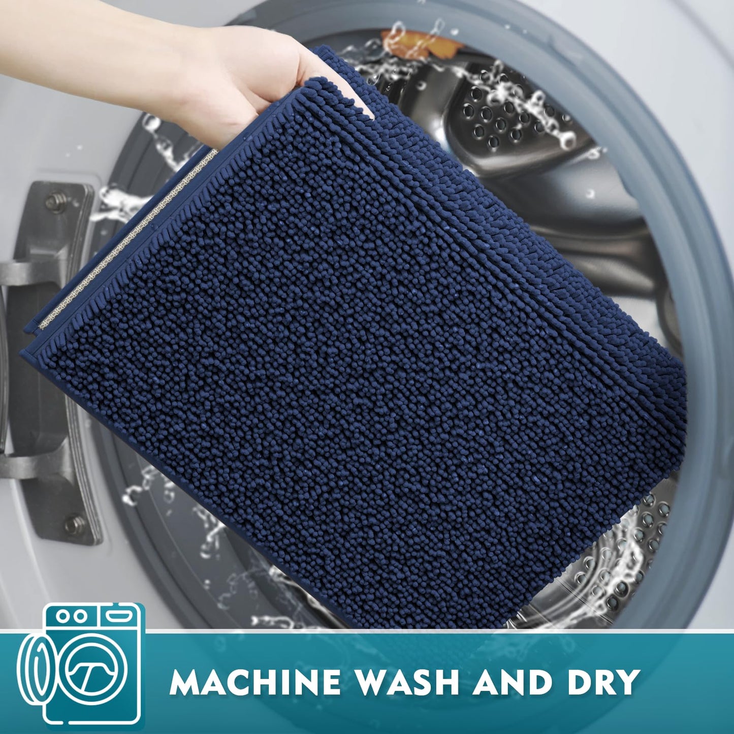 Bathroom Rugs Sets 3 Piece, Extra Soft Absorbent Chenille Bath Rugs, Non Slip Rubber Backing Machine Washable Quick Dry Bath Mats for Bathroom Floor, Tub, Shower, Home Decor Accessories, Navy Blue