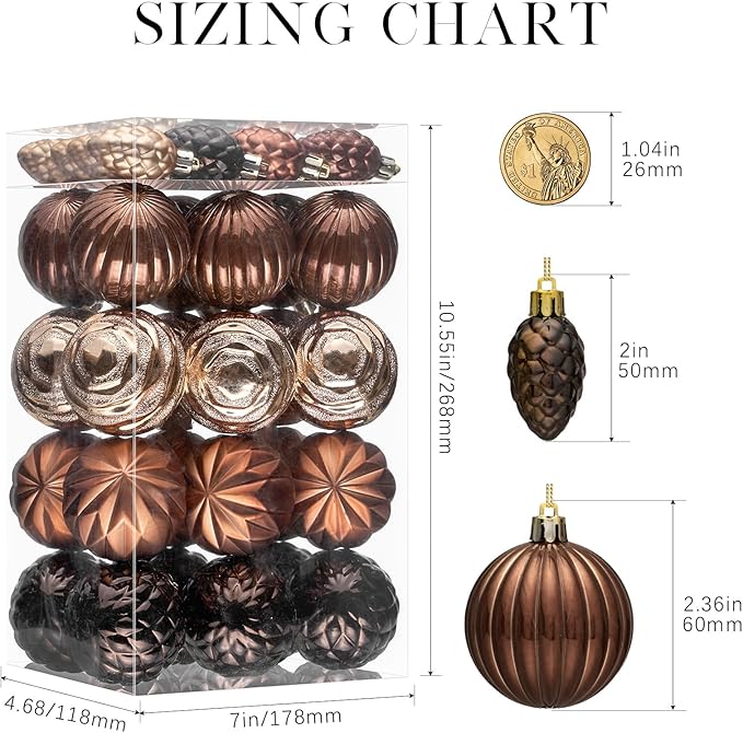 JORNOY Brown Christmas Tree Ornaments - 2.36inch/60mm Shatterproof Ornaments for Christmas Tree Set, Plastic Decorative Hanging Balls Ornaments for Xmas Tree Decorations, 40ct (Brown)
