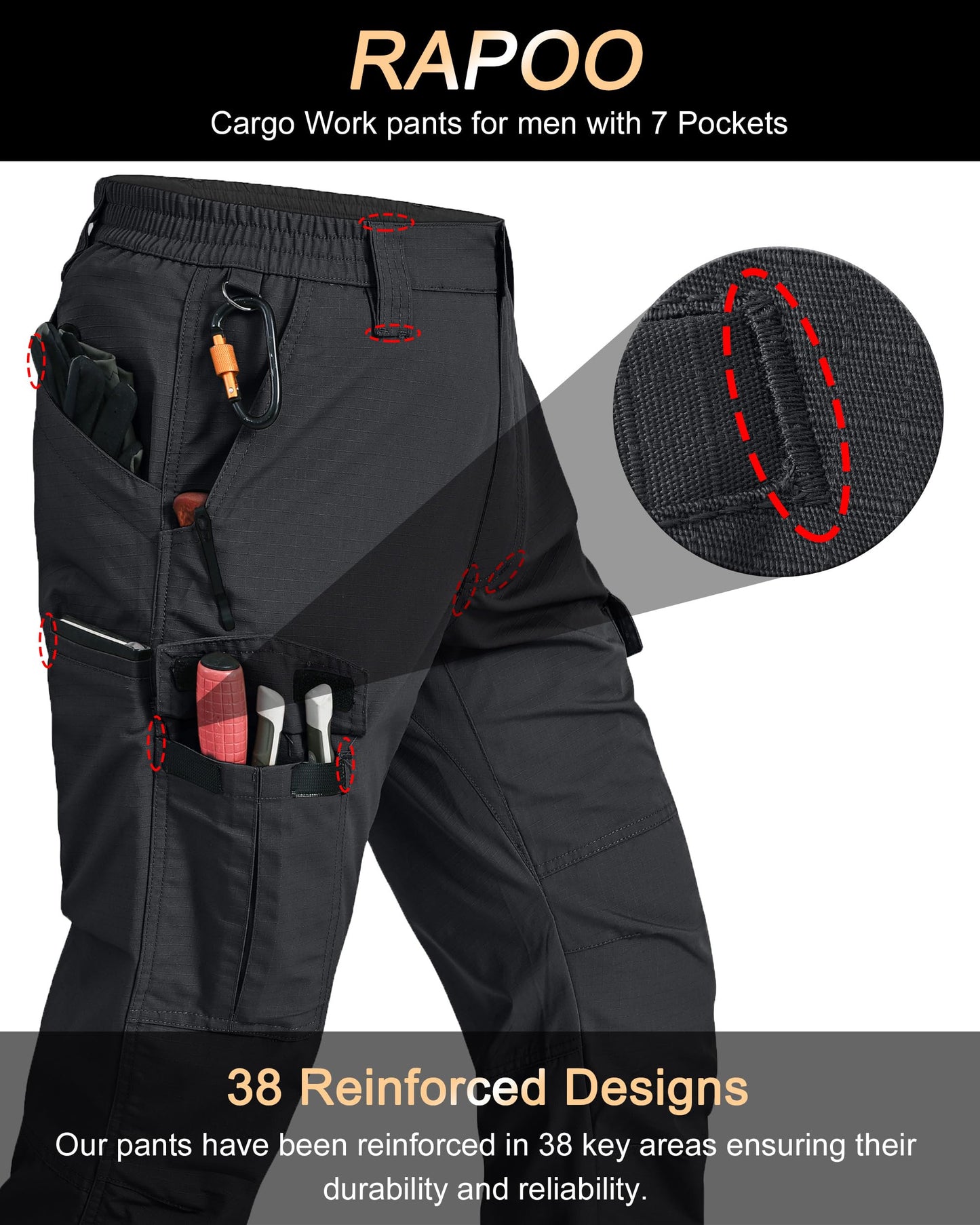 Rapoo Tactical Pants for Men Cargo Working Army Fishing Hiking Pants for Men with Pockets Elastic Waist Mens Ripstop Construction Carpenter Outdoor Pants Black 32Wx34L