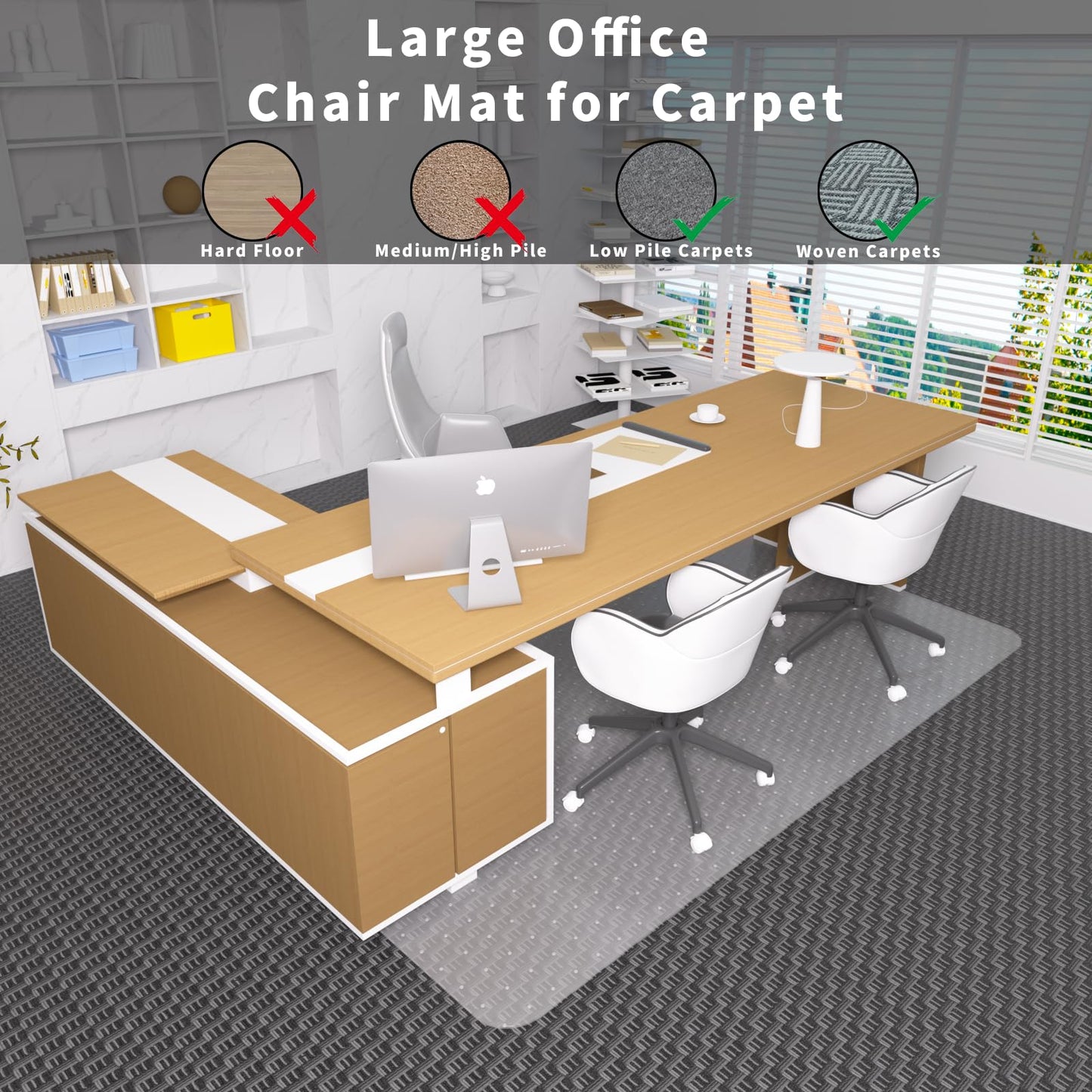 Office Chair Mat for Carpeted Floor, 63"x51" Clear Desk Mat for Carpet Large Protector Floor Mat On Low Pile Carpets, Easy Glide Rolling Plastic Floor Mat, Computer Chair Mat for Home Office
