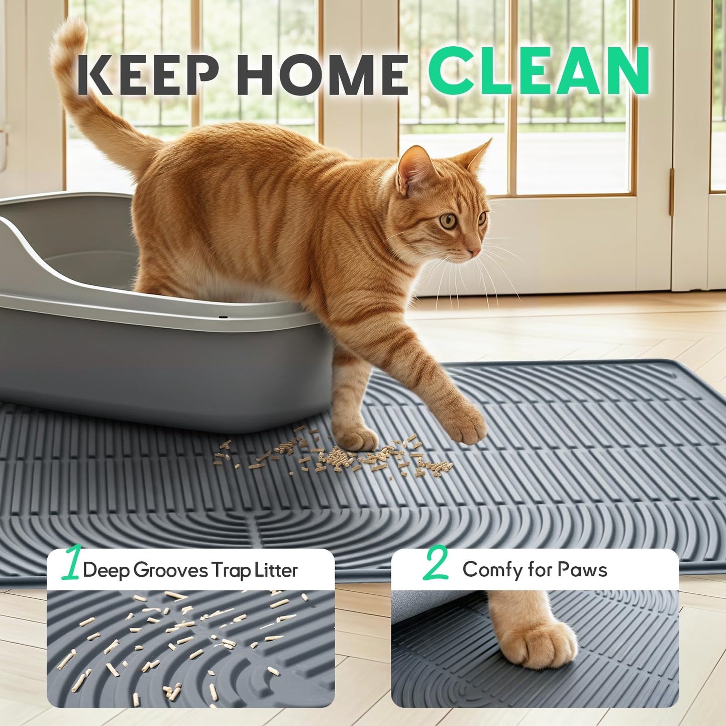 Pawtasy Cat Litter Box Mat,47" x 35" Extra Large Silicone Waterproof Litter Trapping Mat for Scatter Control Soft on Kitty Paws Non-Slip Easy to Clean