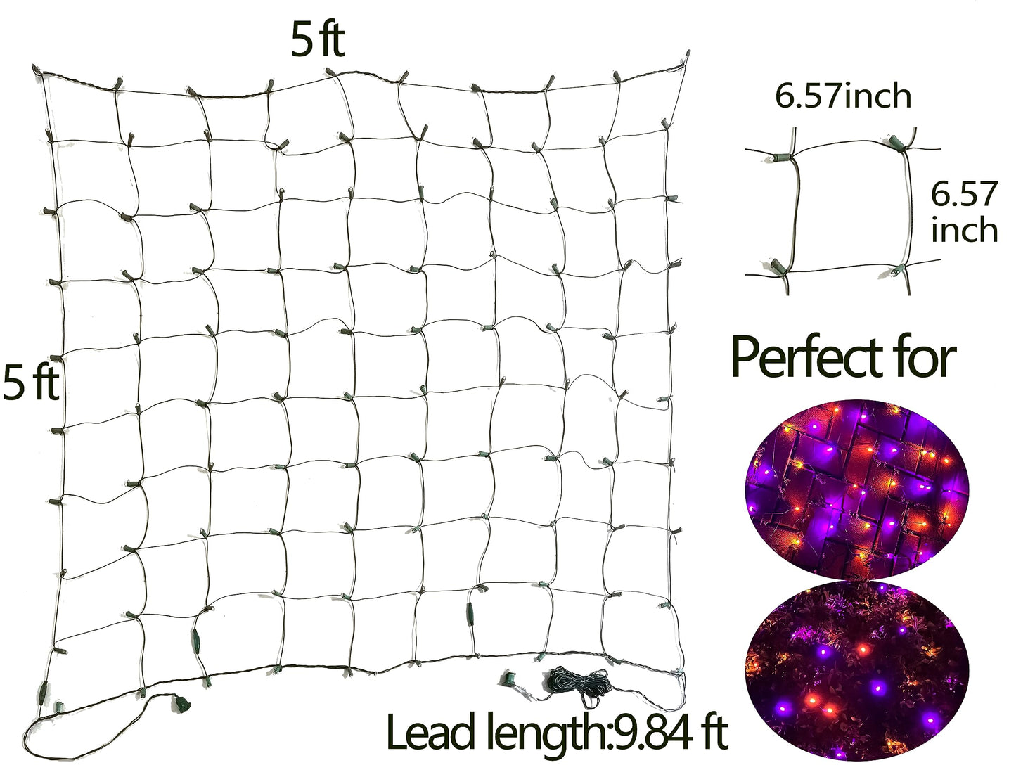 HISHINY Halloween Lights Outdoor,100LED 5ftx5ft Net Lights with Connectable, Waterproof,UL Certified and Durable Green Wire Design for Bushes,Trees,Halloween Decorations Outdoor(Purple&Orange)
