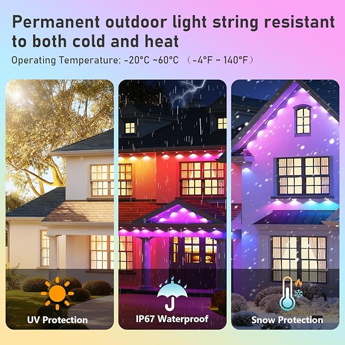 300FT Christmas Permanent Outdoor Lights,RGB+IC Eaves Lights with App & Remote Control,DIY Multi-Color Scene Modes,IP67 Waterproof,Outdoor Strings for House,Holiday Decorations for Christmas