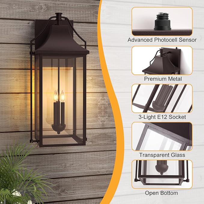 𝟐𝟓-𝐈𝐍𝐂𝐇 Dusk to Dawn Outdoor Wall Light, Large Size Waterproof Patio Lanterns, 3-Light Oil Rubbed Bronze Exterior Wall Mount Outside Sconce with Glass for House