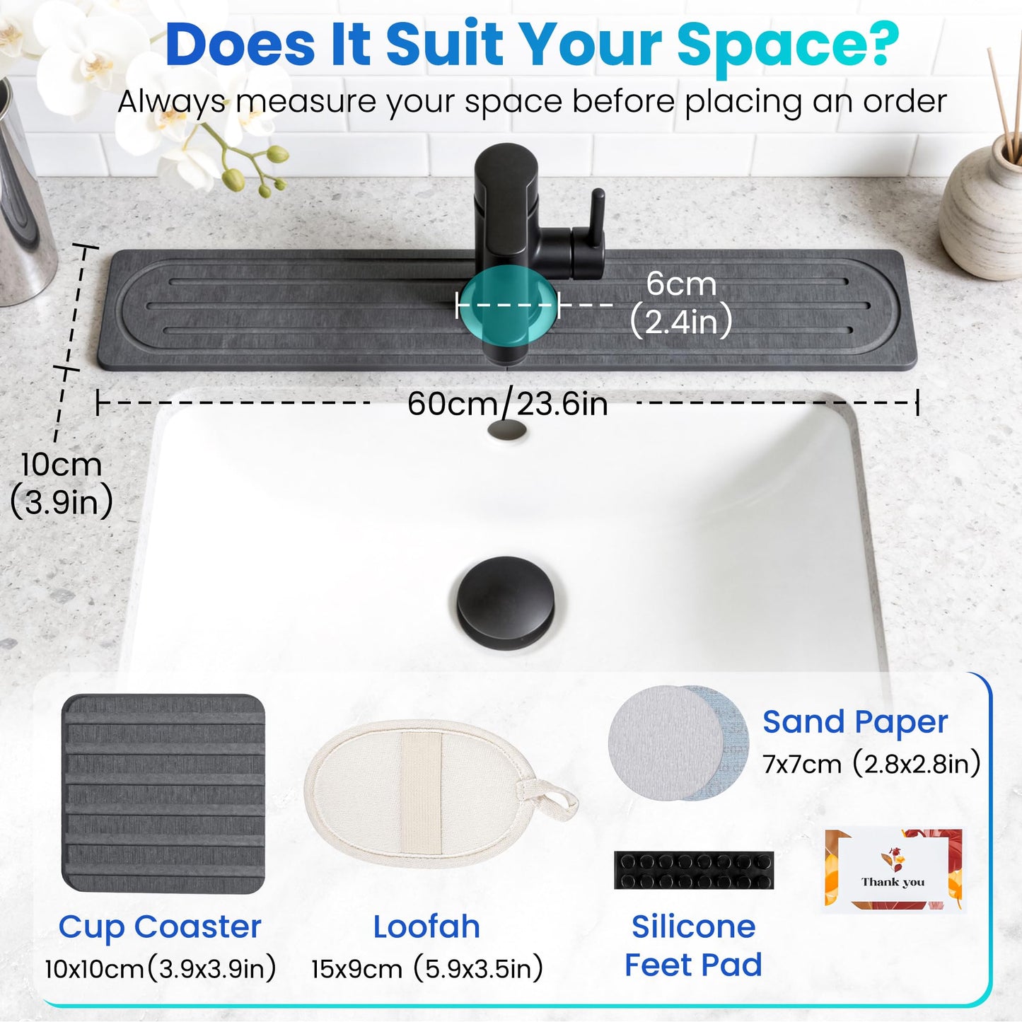 Stone Drying Mat for Kitchen Counter, Diatomite Faucet Mat for Sink with Non-Slip Pads, Fast Dry Water Absorbing Sink Splash Guard and Coaster - Durable and Stylish Design ( 23.5×3.9 Inch ) (GREY)