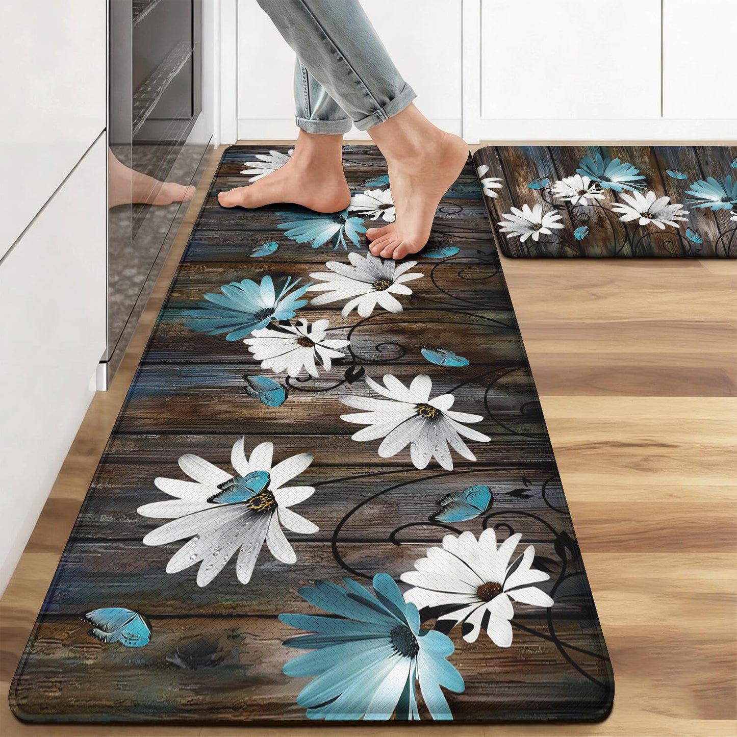 Anti Fatigue Farmhouse Kitchen Rugs Set of 2,Daisy Floral Kitchen Mats For Floor,Rustic Kitchen Decor, Anti-slip and Anti-Fatigue Foam Standing Mat,17x30 inch Sink Mat+17x47 inch Runner Rug Gray