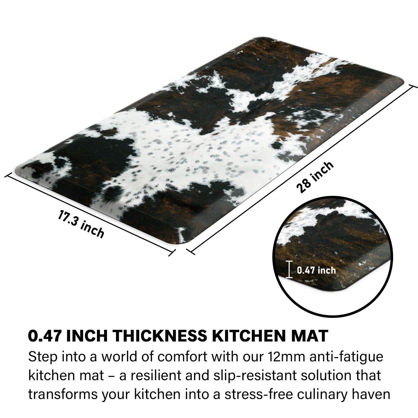 Tyrot Cowhide Kitchen Mat Cushioned Anti Fatigue - 1/2 Inch Thick Western Cow Kitchen Mats for Floor, Non Slip PVC Waterproof Standing Desk Ergonomic Comfort Rugs for Sink, Office, Laundry, 17.3x28