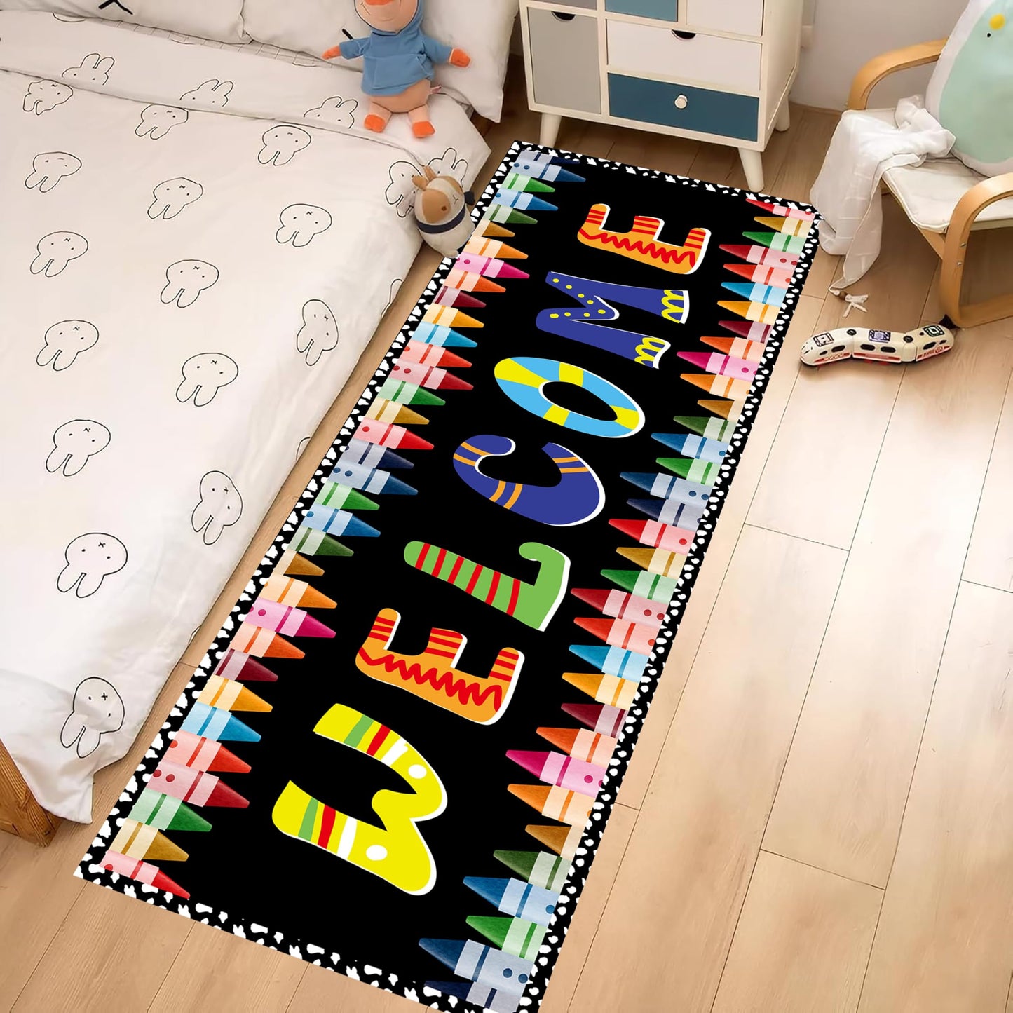 Colorful Kids Rugs for Bedroom, 2x6ft, Cartoon Vibrant ABC Welcome Crayons Back to School Runner Rug, Non Slip Lightweight Cute Rainbow Carpet for Preschools Elementary Schools