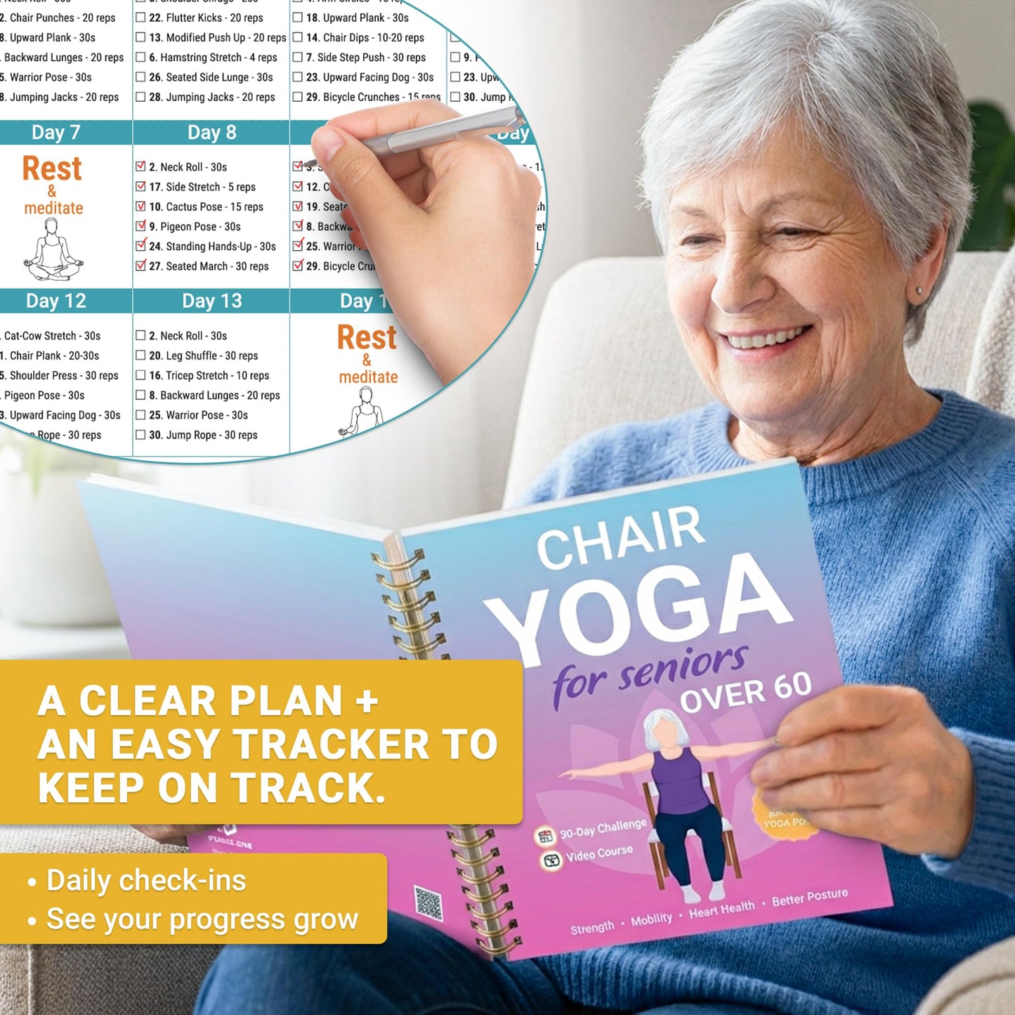Chair Yoga for Seniors Over 60 Book and Chart, 30 Poses with Video Guide, Spiral Bound, Large Print, 30-Day Laminated Chart, Seated Exercises for Weight Loss, Flexibility, Gift for Women and Men
