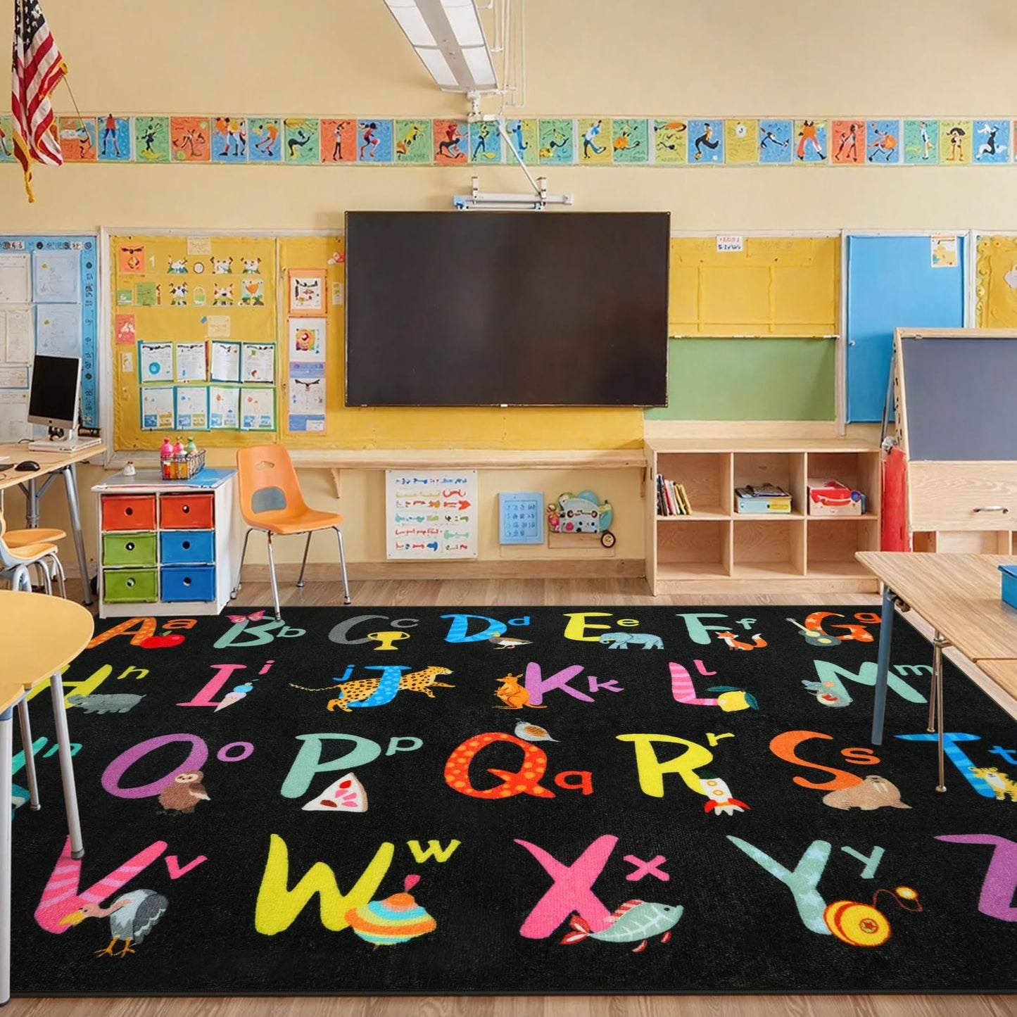 LIVEBOX 7'5" x 13' Black ABC Kids Classroom Carpet, Large Washable Alphabet Educational Learning Area Rugs for Classroom Elementary, Non-Slip Preschool Kids Teacher Rug for Kindergarten Daycare Baby
