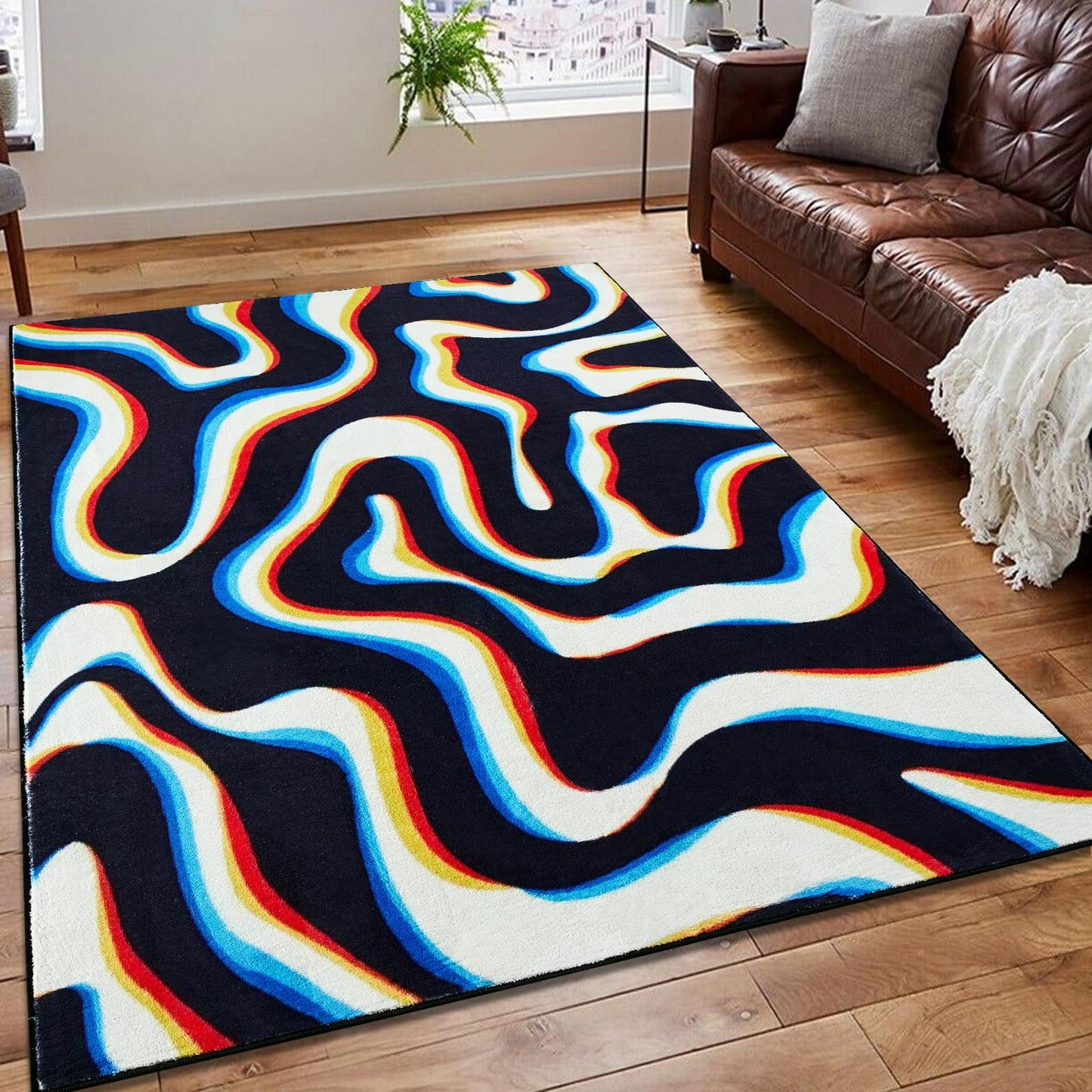 Aldopein Trippy Abstract 3x5 Area Rug Non Slip Ultra Thin Flatweave Funky Aesthetic Wavy Stripes Swirl Throw Rug Colorful Black White, Retro Cool Cute Washable Carpet for Kitchen Entryway Bedroom