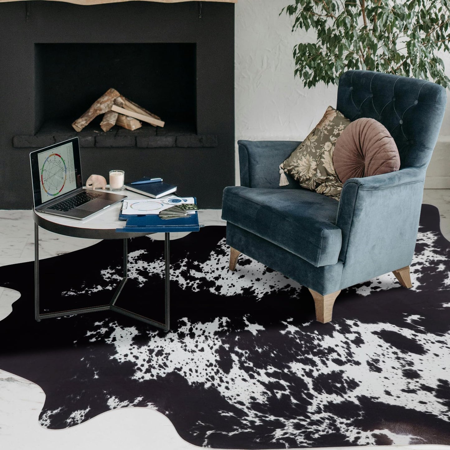 Faux Cowhide Rug 4.6x5.2ft Cow Print Cow Hide Rugs Small Premium Area Carpet Animal Print Rug Western Room Decor for Living Room Bedroom (Black&White)