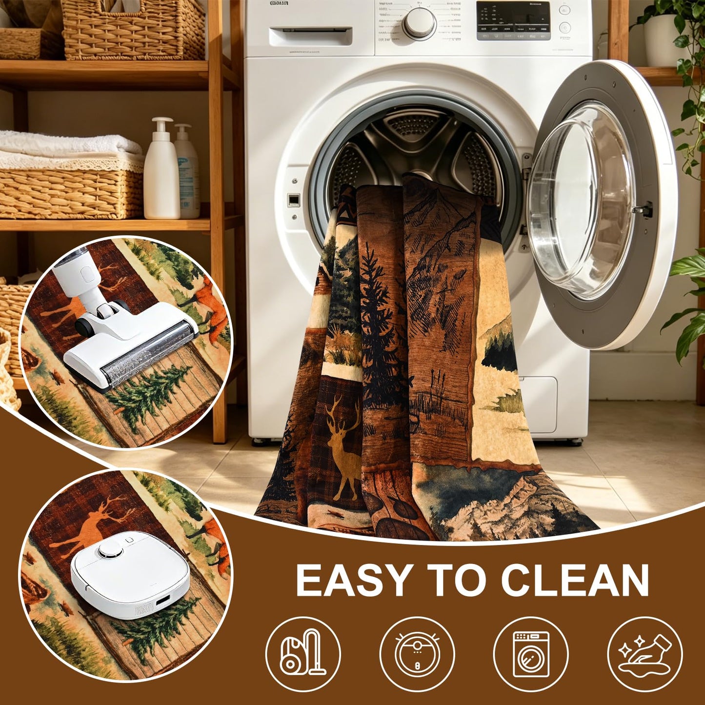 ASPMIZ 3x5 Rustic Area Rugs Non-Slip Washable — Buffalo Plaid Country Log Cabin Bear Deer Fox Design, Vintage Soft Faux Wool Throw Rug for Living Room Bedroom, Low Pile