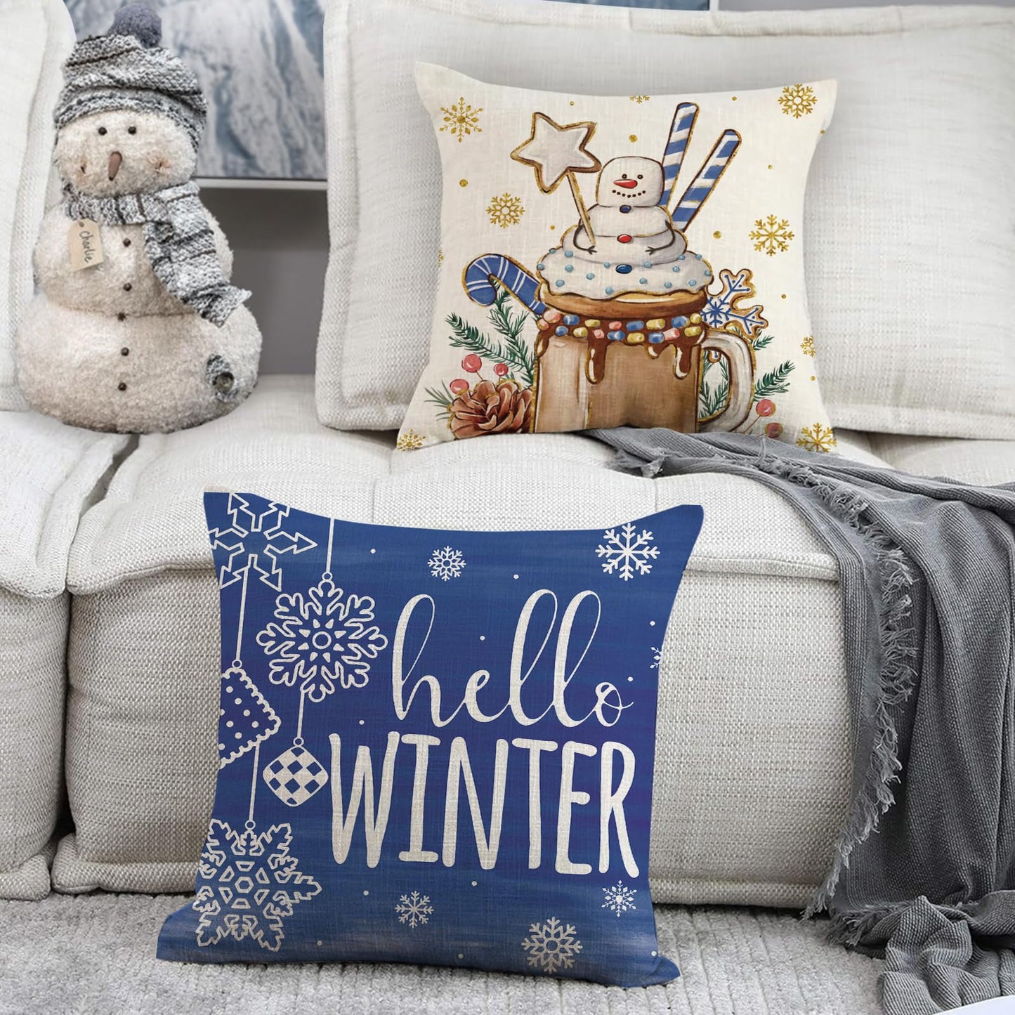Fjfz Hello Winter Dark Blue Decorative Throw Pillow Covers 18 x 18 Set of 4, Christmas Get Cozy Hot Cocoa Gingerbread Man Porch Outdoor Home Decor, Snowflakes Snowman Seasonal Couch Cushion Case