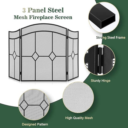 FEED GARDEN 3 Panel Fireplace Screen Wrought Iron 48" W x 30" H Foldable Heavy Duty Fire Spark Guard Cover with Metal Decorative Mesh for Living Room, Home Decor Indoor, Black