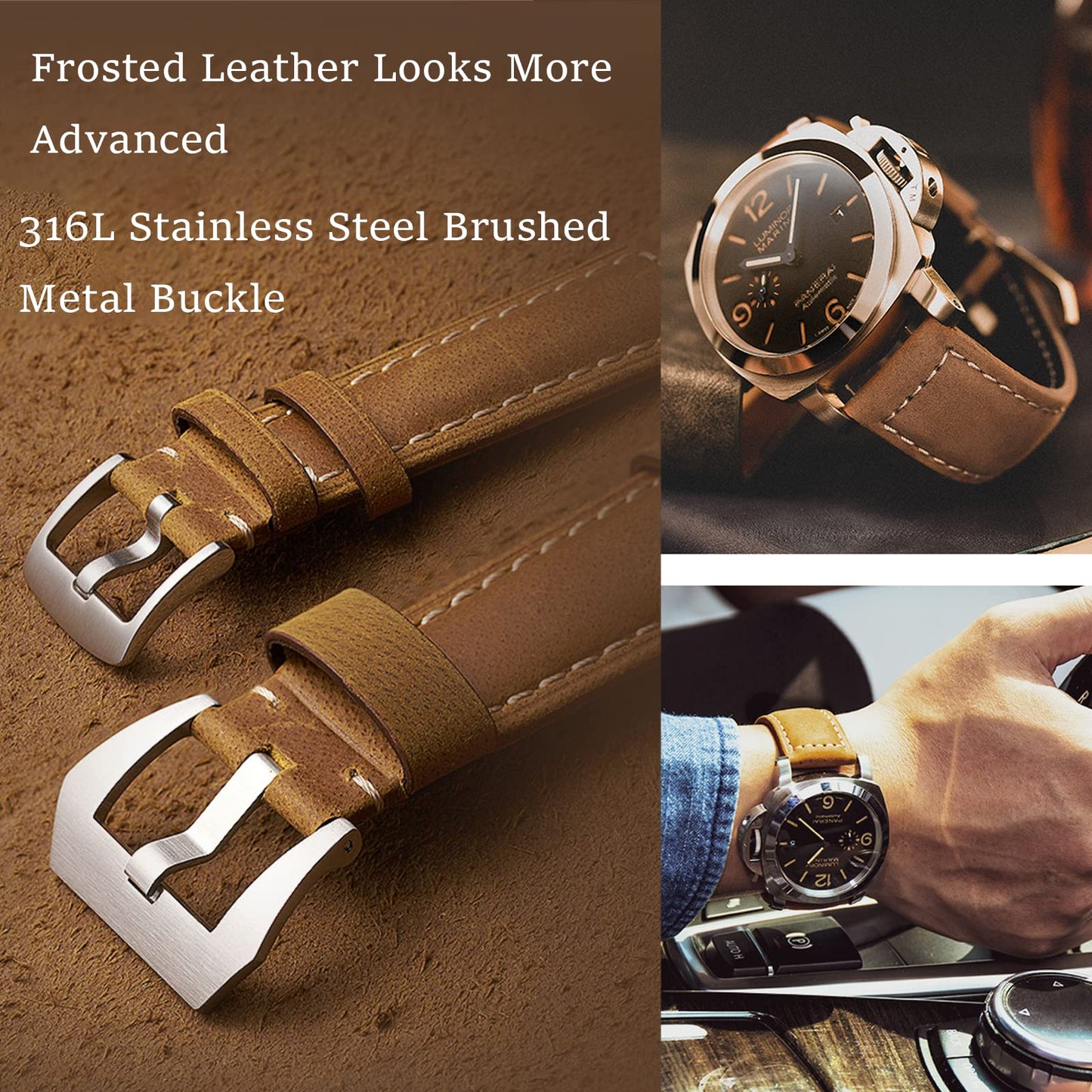 Niziruoup 24mm Leather Watch Bands for Men, Vintage Top Grain Leather Watch Strap Compatible with Panerai Watch Band, Genuine Leather Bracelet Watch Replacement Band, Khaki