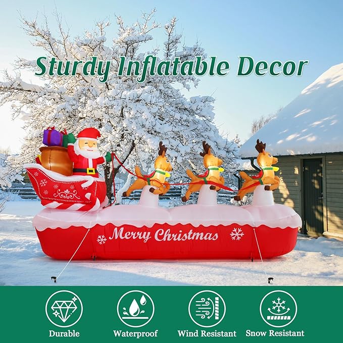 COOLWUFAN 10 FT Christmas Inflatables Outdoor Decorations Santa Claus on Sleigh, Blow Up Cute Elks Pulling Santa's Inflatable Yard Decoration with Lights for Christmas Party, Outdoor, Garden Lawn