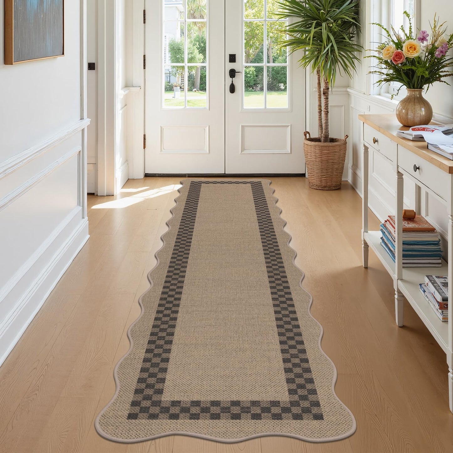 U'Artlines Long Hallway Runner Rug, 2'x8' Non Slip Washable Jute Kitchen Rug, Farmhouse Floor Carpet Runners for Kitchen, Entryway, Bathroom, Laundry Room, Indoor Home Decor(Checked)