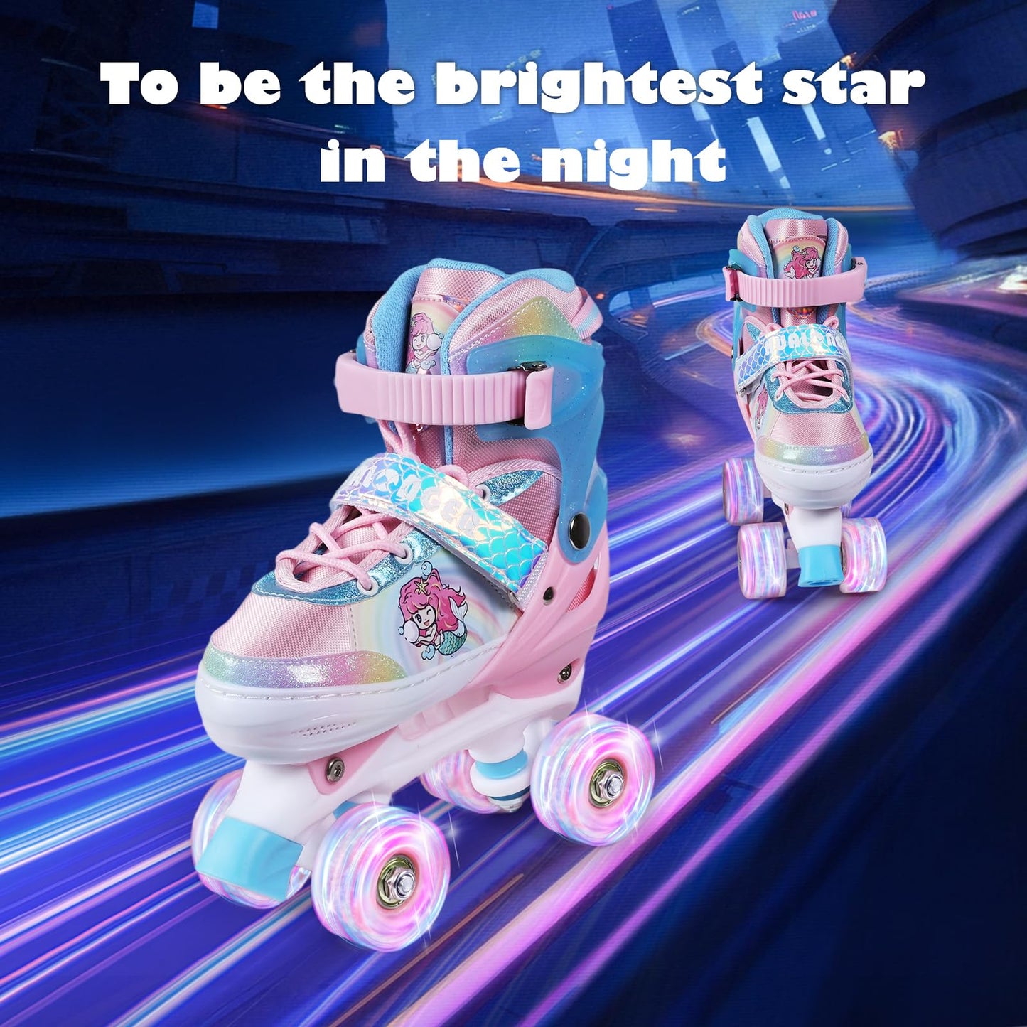 Hualonger Roller Skates,4 Size Adjustable Roller Skates Kids,Light-Up Wheels and Adorable Cartoon Designs, Multiple Layers of Protection for Girls and Boys,Suitable Indoor Outdoor