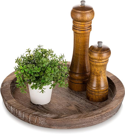 Hanobe Rustic Wooden Serving Tray: Round Wood Butler Decorative Tray Vintage Centerpiece Candle Holder Trays Farmhouse Ottoman Tray for Decor Countertop Home Decor Accessories for Coffee Table