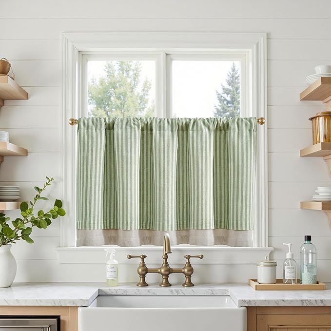 jinchan Double Layer Striped Linen Kitchen Tier Curtain Rustic Cafe for Living Room Bathroom Half Window Curtain Light Filtering Rod Pocket 1 Panel 24 Inch Sage Green