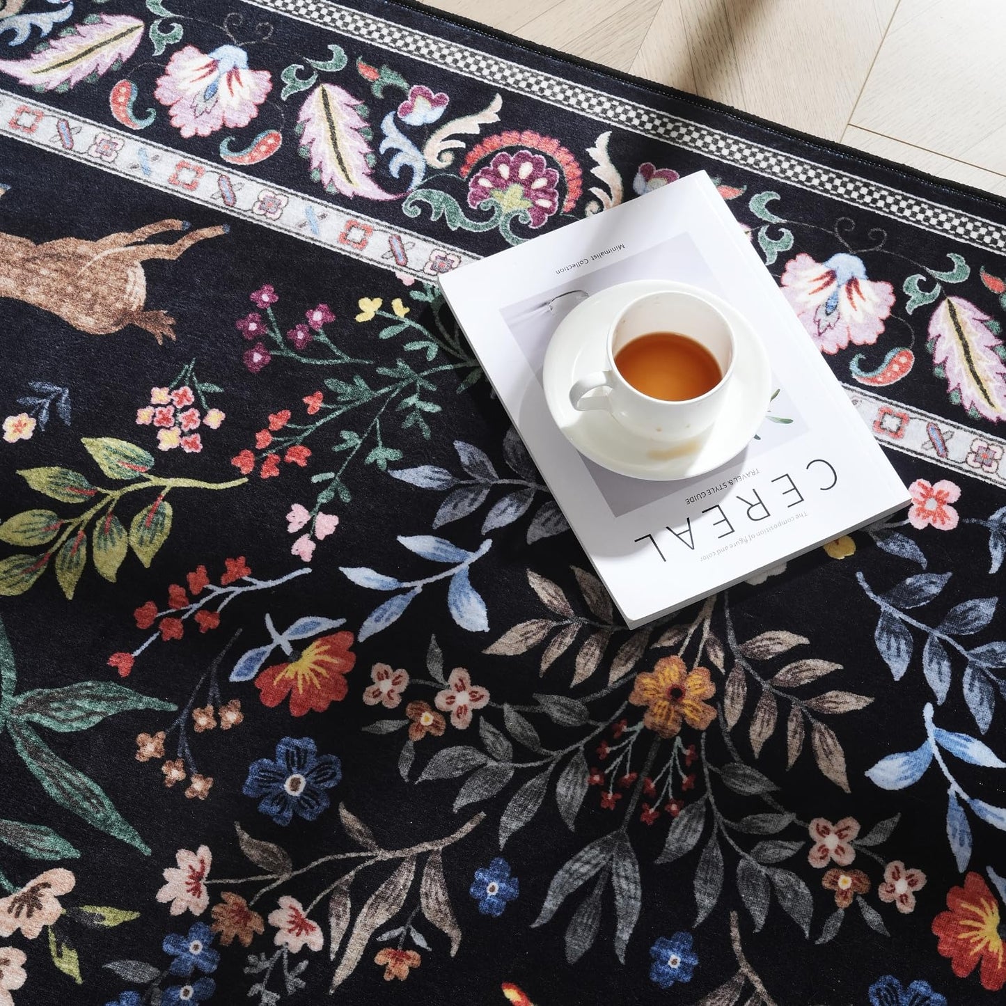 Runner Rug Washable Kitchen 2'6''x8' Rug for Entryway Indoor Floral Non-Slip Soft Carpet Runner for Hallways, Kitchen, Laundry, Bedroom, Bathroom (Vibrant Black)