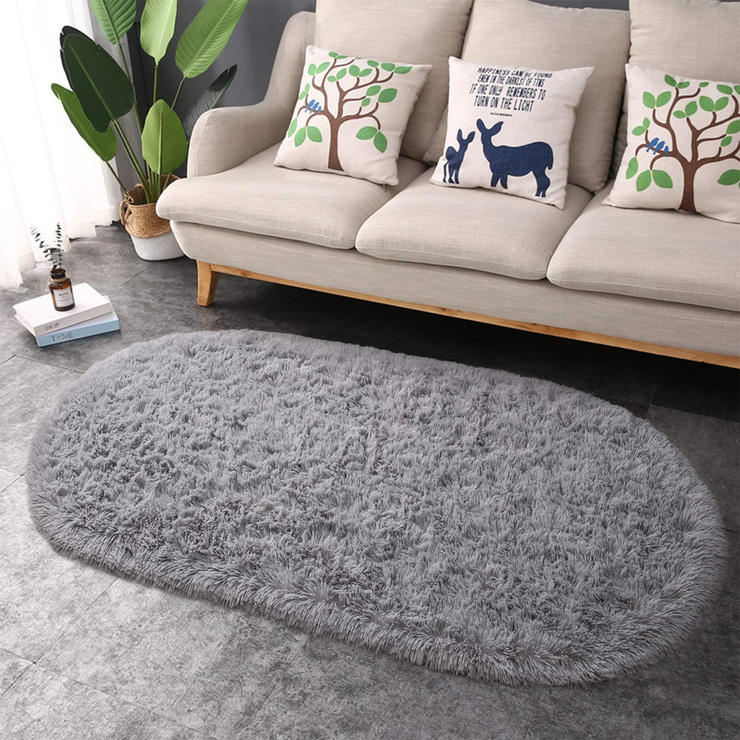 junovo Ultra Soft Washable Shaggy Rug - Non-Slip Oval Carpet for Nursery, Kids Bedroom & Home Decor (2.6x5.3ft Grey) | Plush Fluffy Floor Mat for Cozy Living Spaces