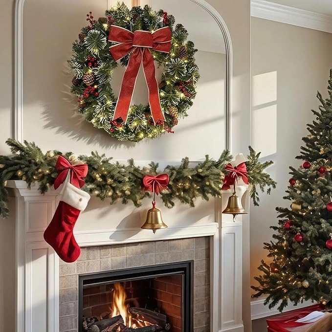 Christmas Wreath Front Door Wreath - 24 Inch Pre-Lit Outdoor Wreaths for Front Door Battery Operated 55 White Lights Bulbs Christmas Decoration Wall Wreath Outside DiliComing