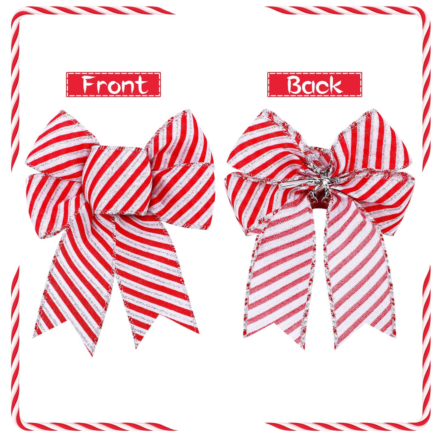 Dingion 20 Pieces Candy Stripes Bow Christmas Wreath Bows Xmas Peppermint Candy Cane Stripes Dots Plaid Bow for Christmas Tree Garland Ribbon Door Window Outdoor Party, 4.3 x 5.1 Inch(Stripe Style)