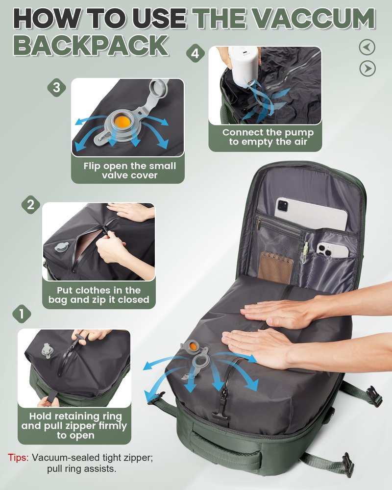 Vacuum Backpack Travel Compression Bags with Air Pump for Carry On Luggage Seal Backpack for Men Waterproof 18x14x8 inches Personal Item Travel Bag with Vacuum Compression for Women - Green