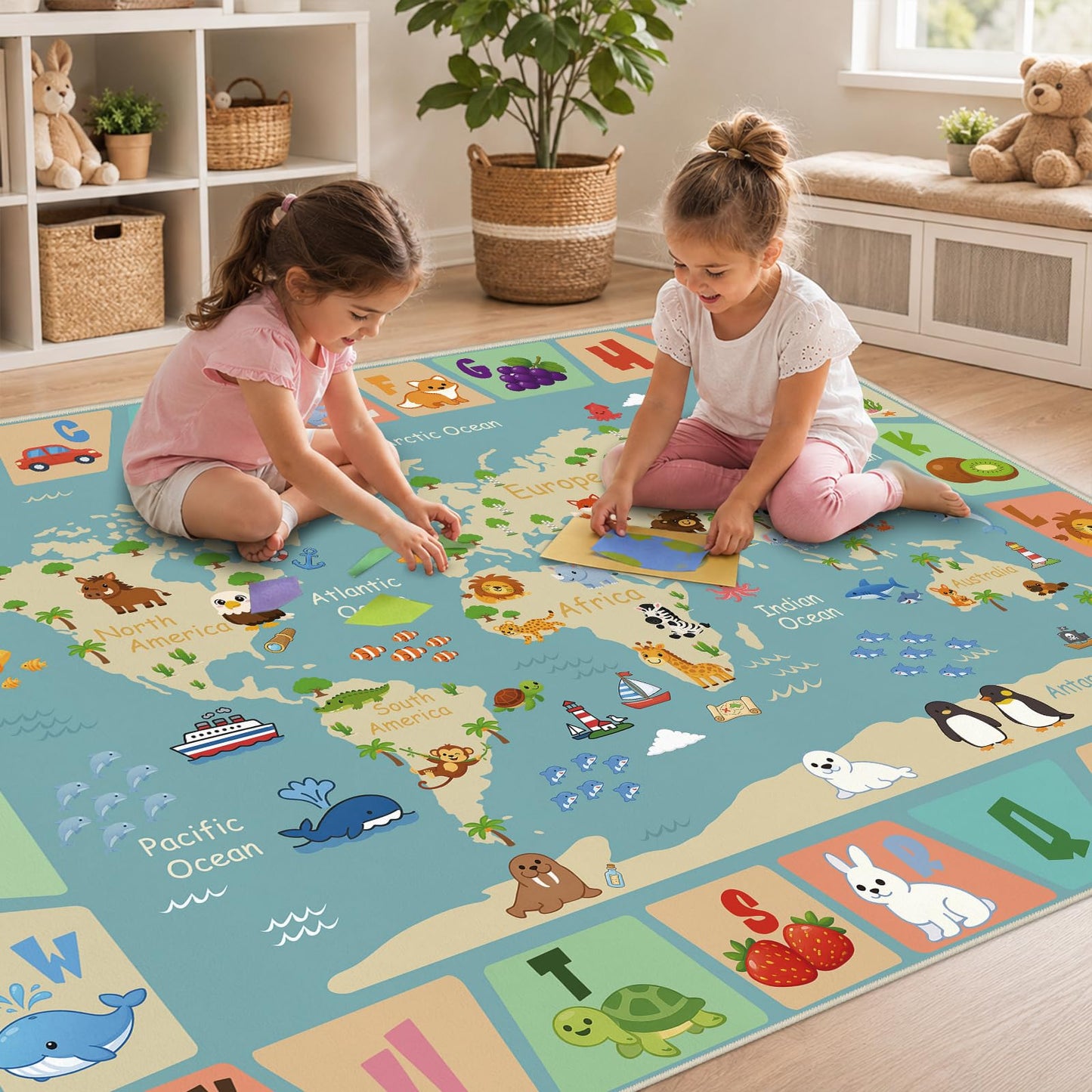 Cryvera ABC Alphabet World Map 5x7 Rug for Classroom Preschool Playroom Kids Learning Play Mat for Toddlers Daycare Educational Nursery Machine Washable Non-Slip Area Rug