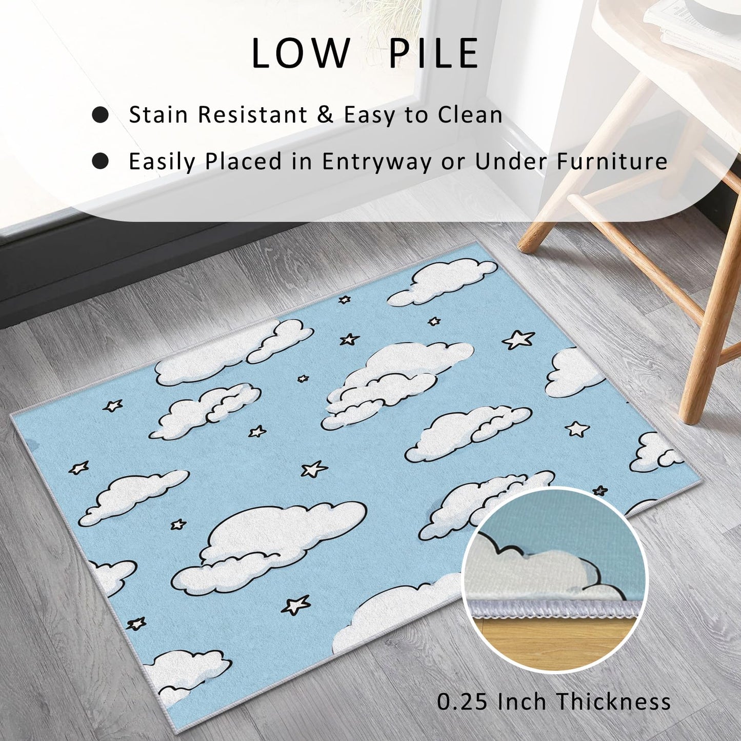 White Cloud Star Rug, Washable Area Rug 5x7 Rugs for Living Room, Cartoon Sky Blue Patterned Indoor Carpet, Cloud Star Decor for Home, Bedroom, Soft Non Slip Thin Design TWR109
