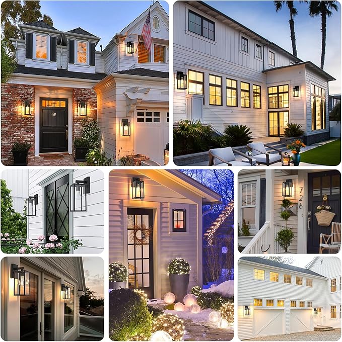 MAXvolador Outdoor Wall Sconce, Exterior Waterproof Wall Lantern Light Fixtures, Black Porch Lights with Toughened Glass Shade, Anti-Rust E26 Socket Front Door Mount Lighting, 2 Pack