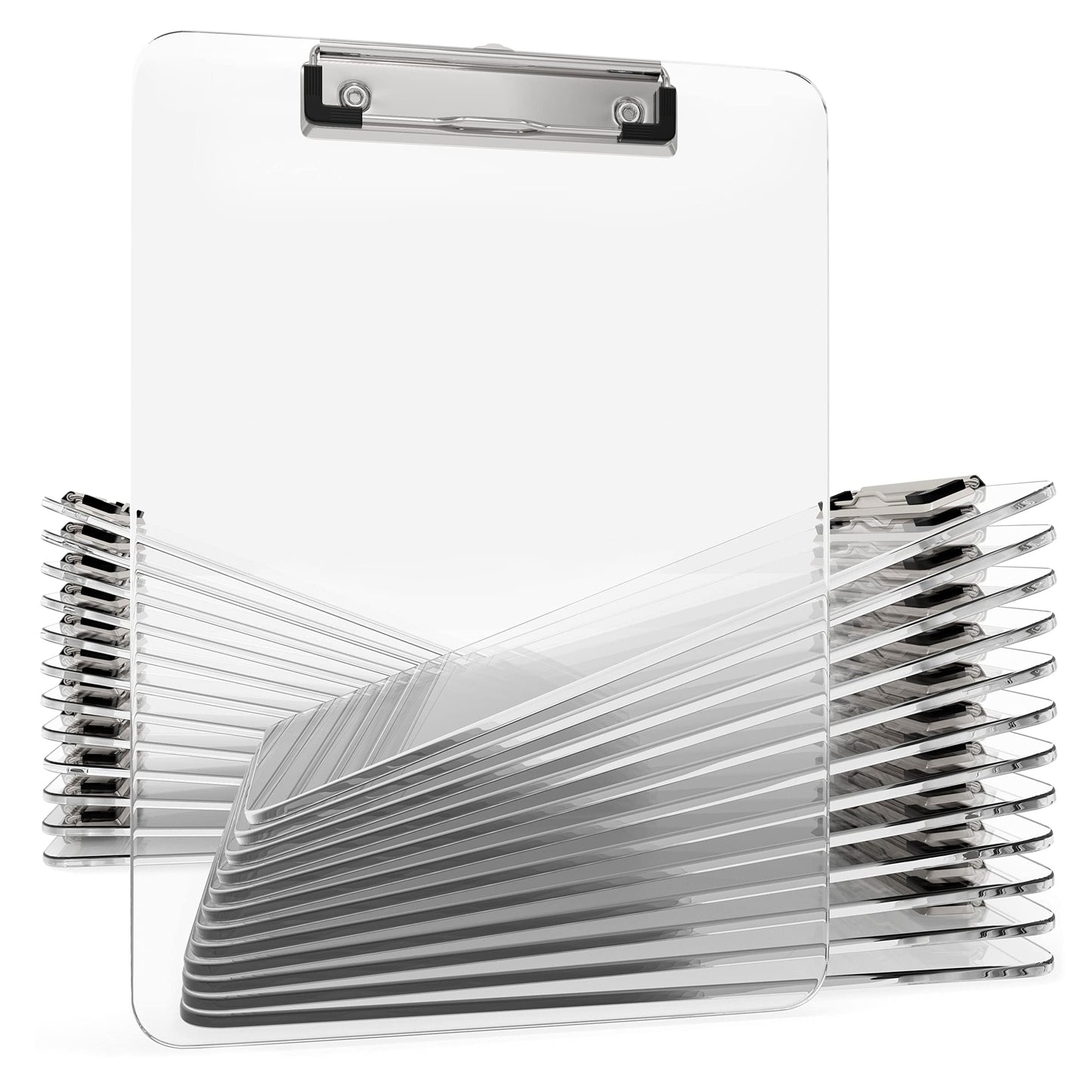 Kiggos 25 Pack Acrylic Clear Clipboards Bulk Plastic Clipboard with Low Profile Metal Clip 12.5 x 9 Inch Letter Size Classroom Set with Hanging Hook Holds 100 Sheets