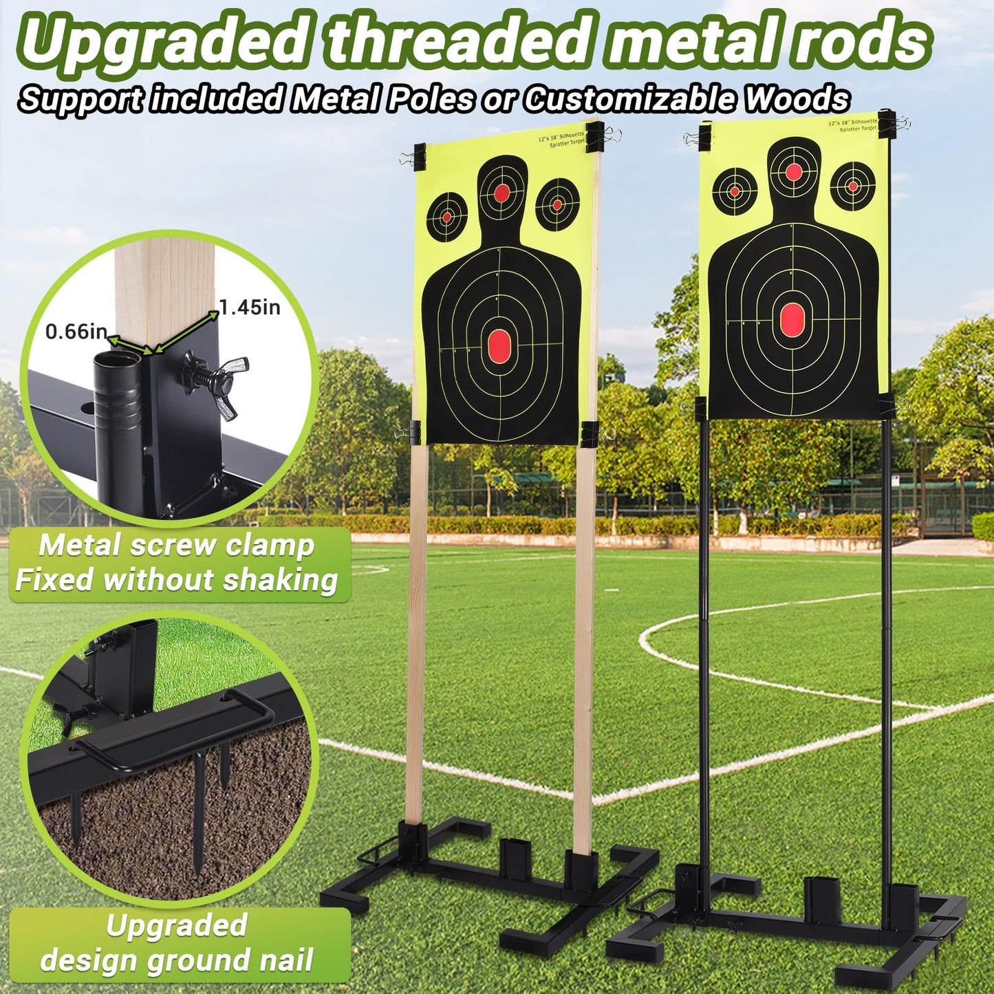 Shooting Target Stand Set, Adjustable Shooting Target Stand with 10pcs Paper Targets, Two Mounting Options for Outdoors, Stable Paper Holder with Metal Poles and Ground Nails (Black)