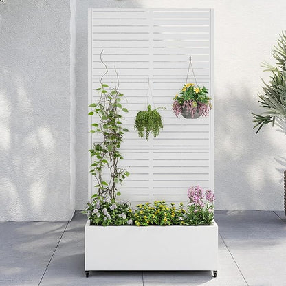 Metal Raised Garden Bed with Trellis & Wheels,72" x 35"x 15.7" Planter Box with Trellis,Privacy Planters for Patio,Garden Bed for Climbing Plants,Suitable for Climbing Plants and Vegetables,White