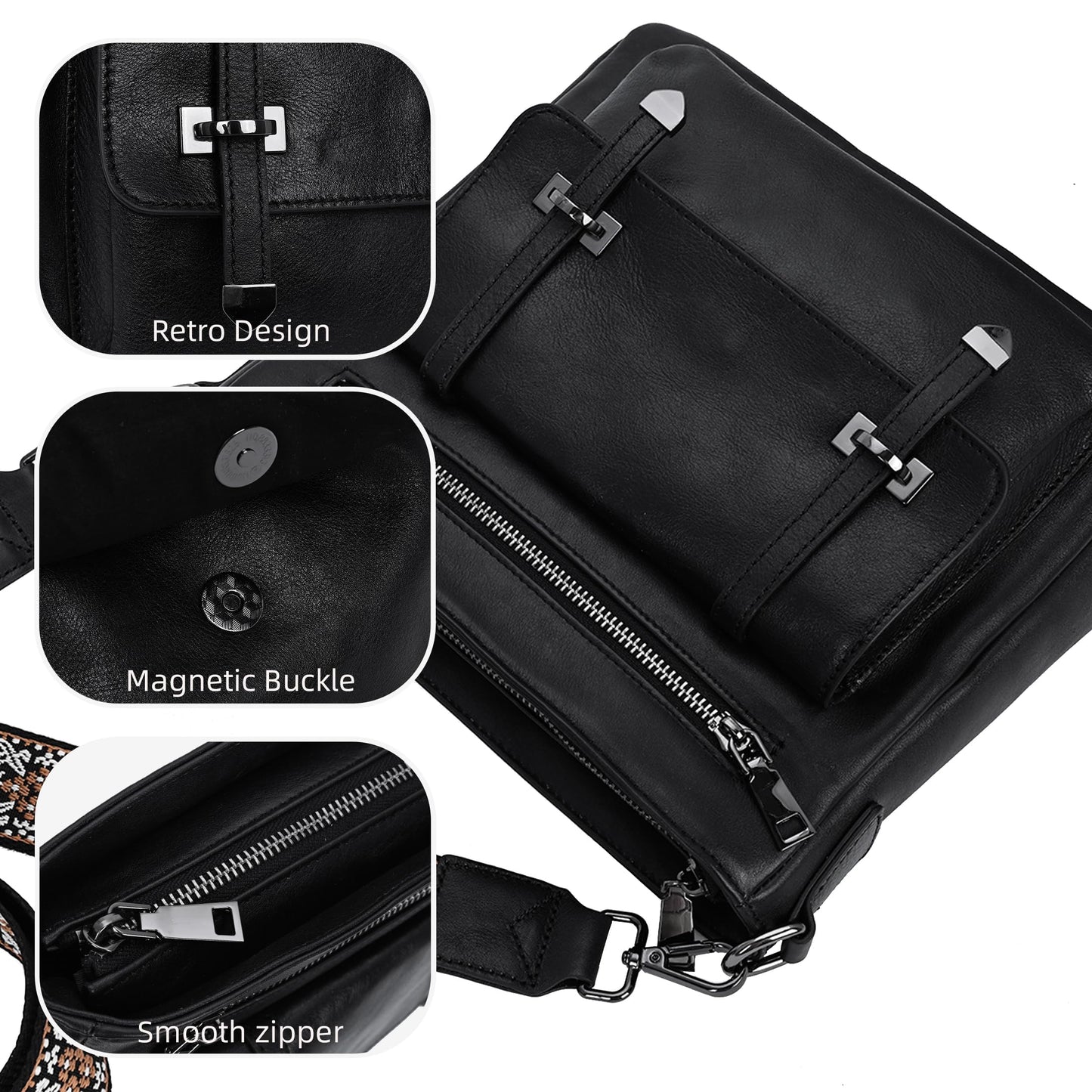 Iswee Soft Leather Crossbody Bags for Women Shoulder Handbags Multi Pocket Travel Purse with Adjustable Strap Medium Size (Black)