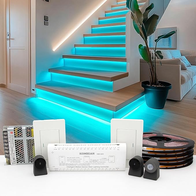 Intelligent Motion Triggered LED Stair Lighting Kit KMG-3233, 40" Cuttable LED Strip Light for Indoor LED Stair Lights (Mars Green Color, 16 Stairs)