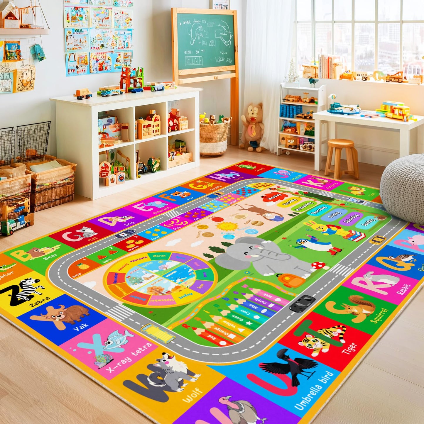 Pionblank Kids Rug for Playroom Classroom, 5x7 Area Rugs Playmat for Learning Animal Alphabet Fruit Numbers Color Season Month,Washable Non Slip Carpet for Toddler Nursery
