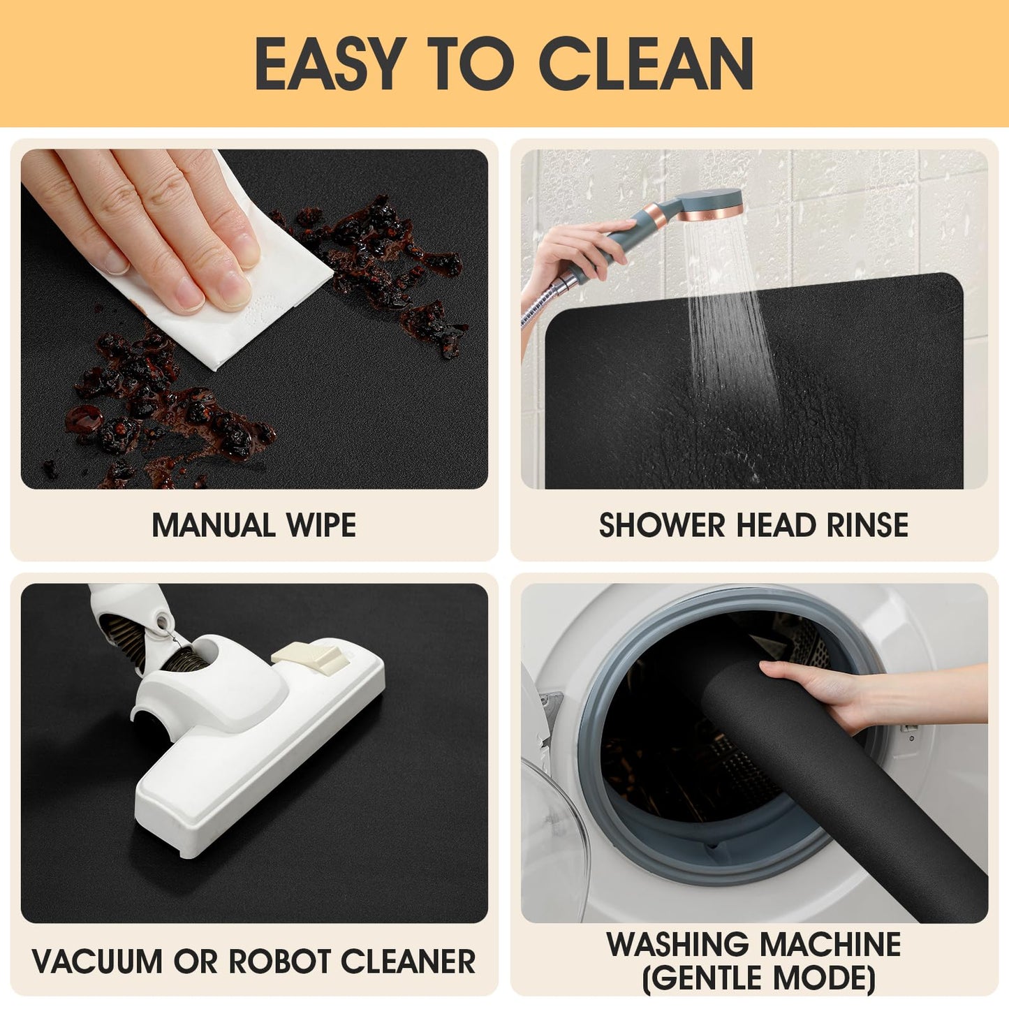 ACCUMTEK Non Slip Bath Mat, Thin Bathroom Rugs Fit Under Door, Quick Dry Bath Mats, Machine Washable Bath Rugs for Bathroom, Bathtub & Kitchen, Black/Solid/U-Shaped 24"x20"