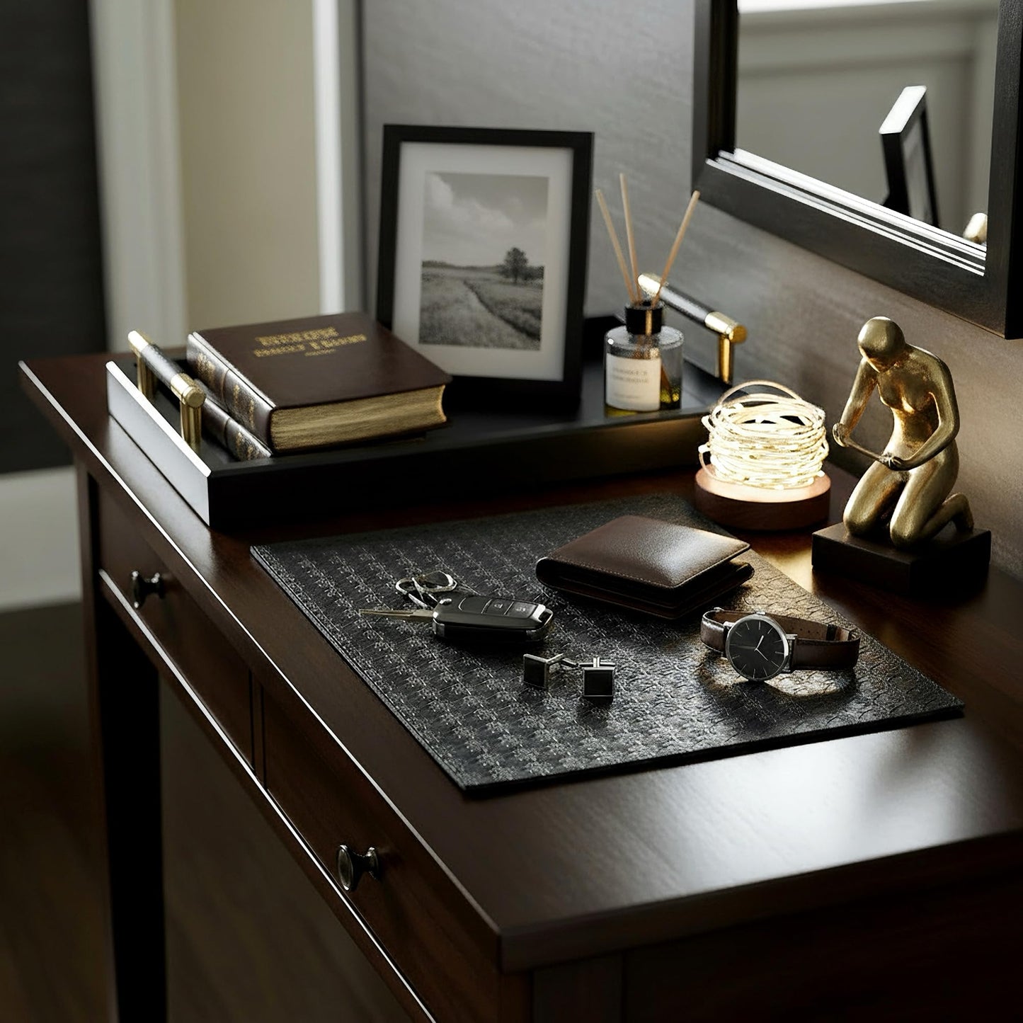 Bamboo Vanity Tray for Dresser -13.4"x8.7" Cologne Tray with Handles, Black Gold Trinket Tray for Perfume, Jewelry, Watch, Key - Bathroom Tray with Leather Mat for Countertop, Living Room, Bedroom